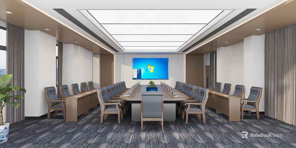 Modern Conference Room Interior With Long Table Chairs And Large Screen 3d model