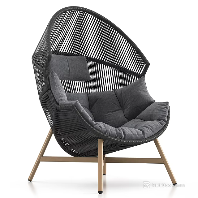 Stylish Woven High Back Leisure Chair With Soft Thick Cushions And Sturdy Golden Metal Legs 3d model 