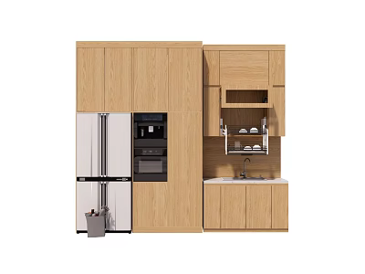 Modern Wooden Kitchen Cabinets With Refrigerator Coffee Machine And Sink 3d model