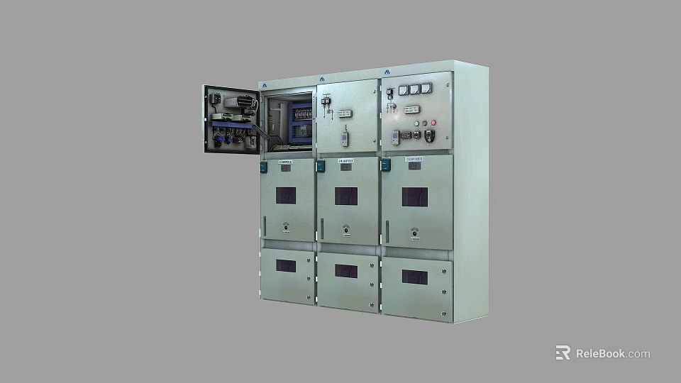 Industrial Electrical Control Cabinet with Multiple Doors Open Panel Meters Buttons and Internal Wiring 3d model 