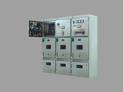 Industrial Electrical Control Cabinet with Multiple Doors Open Panel Meters Buttons and Internal Wiring 3d model
