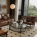 Modern Elegant Living Room Interior With Brown Leather Sofa Armchair Glass Coffee Table Decorative Paintings