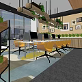 Modern Public Office Space Interior Design With Yellow Chairs Wooden Ceiling Hanging Plants And Large Windows