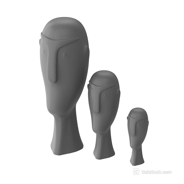Three Gray Abstract Head Sculptures In Different Sizes With Minimalist Design 3d model