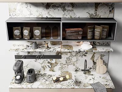 Stylish Kitchen Utensils on Marble Countertop with Coffee Machine Wooden Cutting Board Coffee Packets and Bottles 3d model