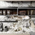 Stylish Kitchen Utensils on Marble Countertop with Coffee Machine Wooden Cutting Board Coffee Packets and Bottles