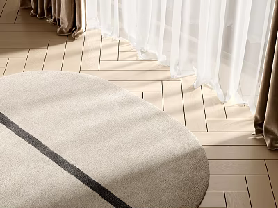 Round Stylish Rug In Modern Living Space With Curtains And Wooden Floor 3d model