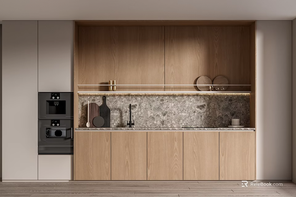 Modern Minimalist Wooden Kitchen Cabinets With Marble Countertop Oven And Utensils 3d model 