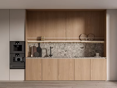 Modern Minimalist Wooden Kitchen Cabinets With Marble Countertop Oven And Utensils 3d model