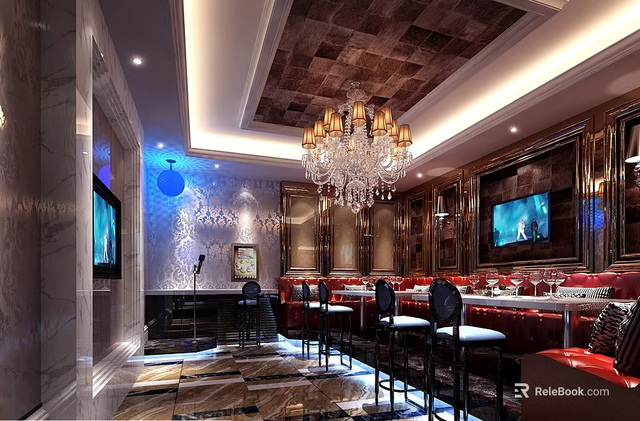 Elegant KTV Lounge Interior With Crystal Chandelier TV Screens And Red Sofas 3d model 
