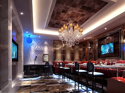 Elegant KTV Lounge Interior With Crystal Chandelier TV Screens And Red Sofas 3d model