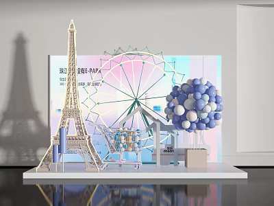 Window Display Decoration With Eiffel Tower Model Ferris Wheel Shopping Cart And Balloon Cluster 3d model