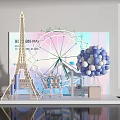 Window Display Decoration With Eiffel Tower Model Ferris Wheel Shopping Cart And Balloon Cluster