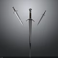 Three Medieval Swords Displayed with Central Long Blade and Side Daggers on Dark Background