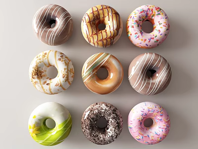 Assorted Delicious Donuts With Colorful Toppings Glazed Sprinkles And Chocolate Drizzle 3d model