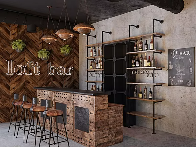 Loft Bar Interior Design With Brick Wall Bar Counter Stools Pendant Lights And Bottle Shelves 3d model