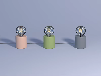 Modern Table Lamps with Cylindrical Bases in Pink Green Grey Colors and Clear Globe Bulbs 3d model