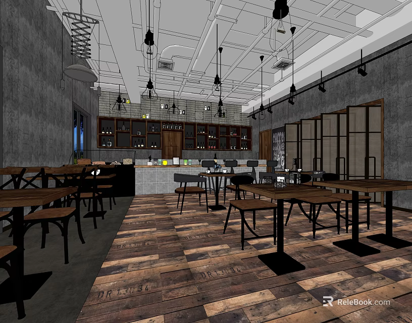 Industrial Style Café Interior With Wooden Flooring Dining Tables And Hanging Lights 3d model 