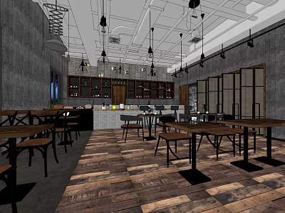 Industrial Style Café Interior With Wooden Flooring Dining Tables And Hanging Lights 3d model