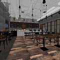 Industrial Style Café Interior With Wooden Flooring Dining Tables And Hanging Lights