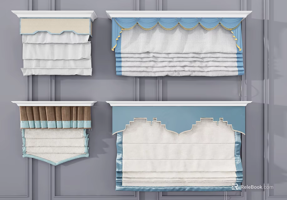 Stylish Roman Blinds In Blue And White With Decorative Valances And Folds 3d model 