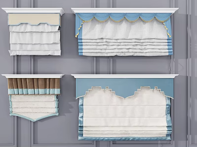 Stylish Roman Blinds In Blue And White With Decorative Valances And Folds 3d model