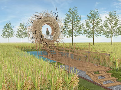 Nest Shaped Structure In Rice Field With Person Sitting Inside Wooden Bridge And Stream Trees 3d model