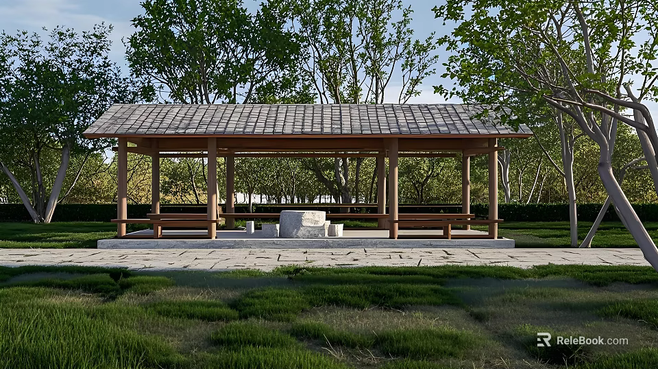 Ancient Architectural Pavilion With Wooden Structure Tiled Roof Stone Table Stools Benches Surrounded By Trees 3d model 