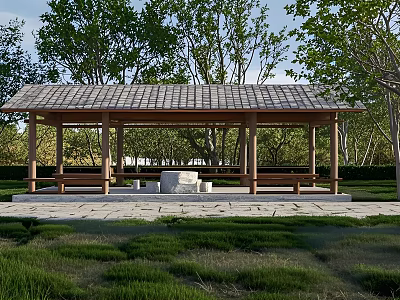 Ancient Architectural Pavilion With Wooden Structure Tiled Roof Stone Table Stools Benches Surrounded By Trees 3d model