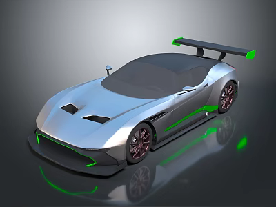 Silver Sports Car with Green Accents Red Alloy Wheels Black Rear Spoiler and Sleek Design 3d model