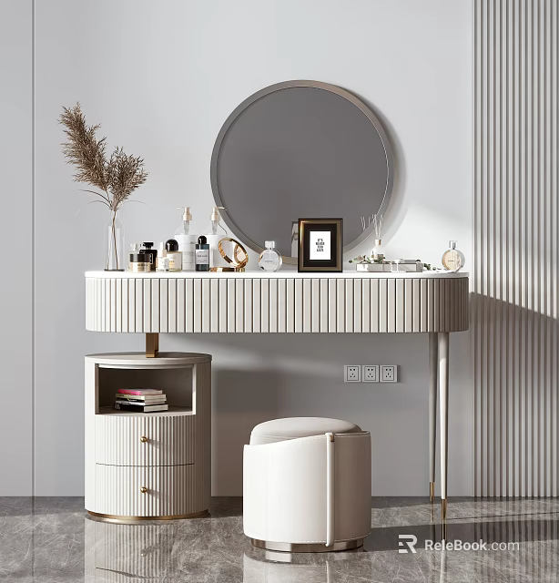 Stylish Dressing Table With Round Mirror Cosmetics Photo Frame Padded Stool And Light Colored Wall 3d model 