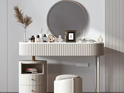 Stylish Dressing Table With Round Mirror Cosmetics Photo Frame Padded Stool And Light Colored Wall 3d model