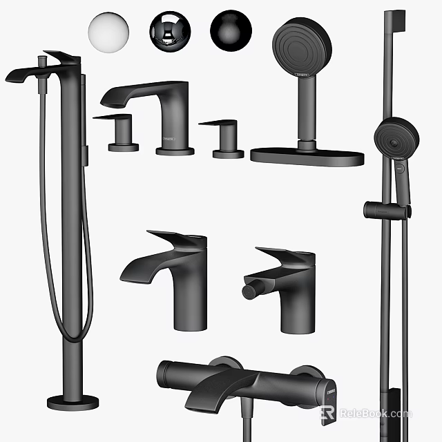 Modern Black Bathroom Kitchen And Shower Faucets Collection With Sleek Design 3d model 