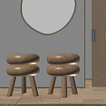 Two Round Wooden Stools With Circular Mirror White Wall And Wooden Floor