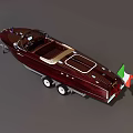 Classic Burgundy Yacht On Trailer With Open Top Design And Italian Flag