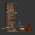 Classic Wooden Bookshelf With Books And Brown Leather Chair With Small Table