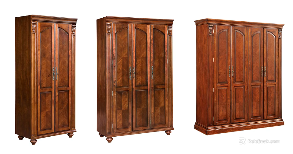 Three Traditional Solid Wood Wardrobes With Double Doors Carved Details And Dark Finish 3d model 