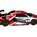 Red And White And Black Racing Car With Sponsor Logos