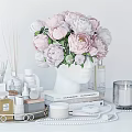 Stylish Modern Bathroom Accessories With Scented Sticks Skincare Bottles And Pink Peonies