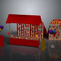 Red Tent Game Booth Structure With Colorful Balloons And Wooden Ring Toss Sign
