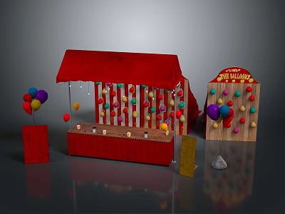 Red Tent Game Booth Structure With Colorful Balloons And Wooden Ring Toss Sign 3d model
