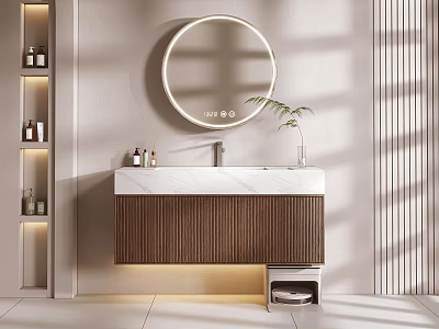 Modern Bathroom Vanity With Backlit Round Mirror Marble Countertop And Wooden Cabinet 3d model