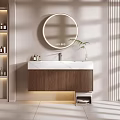 Modern Bathroom Vanity With Backlit Round Mirror Marble Countertop And Wooden Cabinet