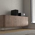 Black Audio Speaker System On Wooden Cabinet With Remote Control And Window Blinds