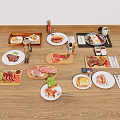 Assorted Food Platter With Steak Sliced Meat Salad Bread And Sauces On Wooden Table
