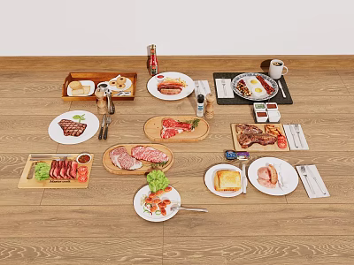 Assorted Food Platter With Steak Sliced Meat Salad Bread And Sauces On Wooden Table 3d model