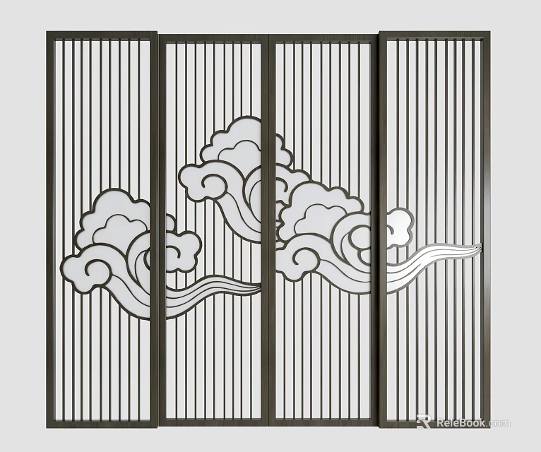 Traditional Chinese Style Folding Screen With Cloud Patterns And Vertical Slats 3d model