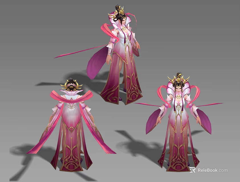 Woman In Traditional Pink Purple Costume With Golden Headdress And Flowing Ribbons Three Angles View 3d model 