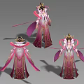 Woman In Traditional Pink Purple Costume With Golden Headdress And Flowing Ribbons Three Angles View
