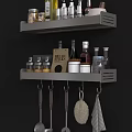 Stylish Kitchen Tableware Set On Gray Shelves With Bread Box Jars And Hanging Utensils 3d model